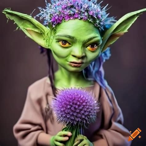 Goblin girl holding a flower bouquets made from thistle