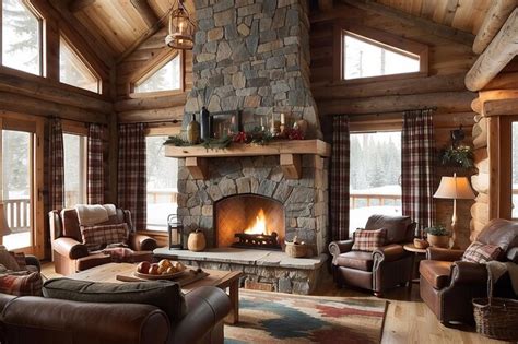 Premium AI Image | Rustic cabinstyle living room with a stone fireplace ...