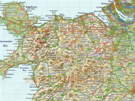 wales county road and rail map with Regular colour relief 500k scale in ...