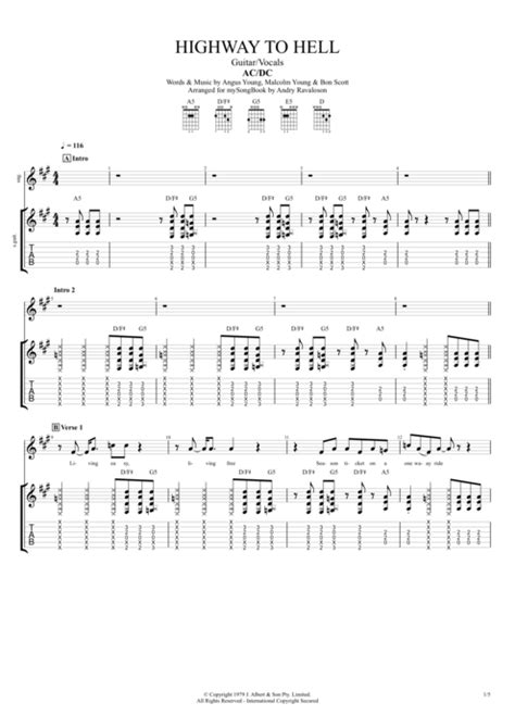 Highway to Hell by AC/DC - Guitar/Vocals Guitar Pro Tab | mySongBook.com