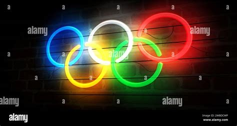 Poznan, Poland, January 7, 2024: Olympic rings neon symbol ...