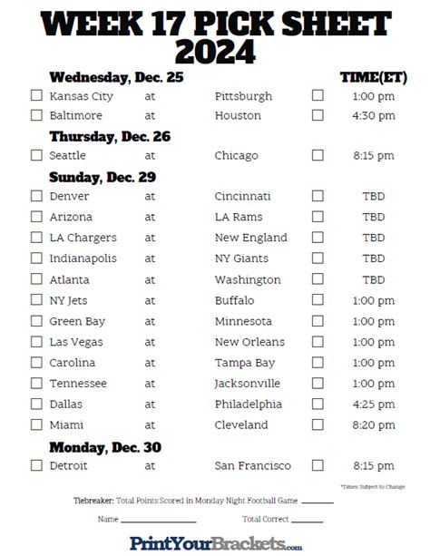 Printable NFL Week 17 Schedule Pick em Pool 2024