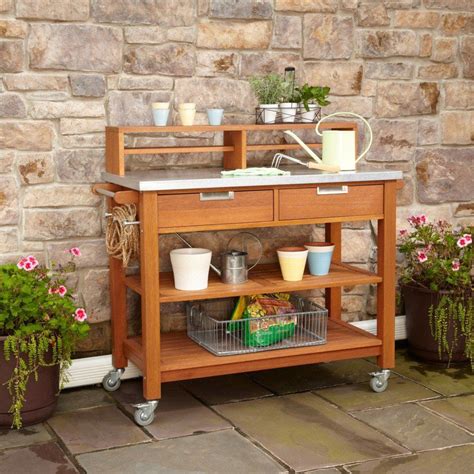 Garden and Patio, Modern Potting Bench With Drawer And Storage On Wheels Plus Metal Top Plus ...