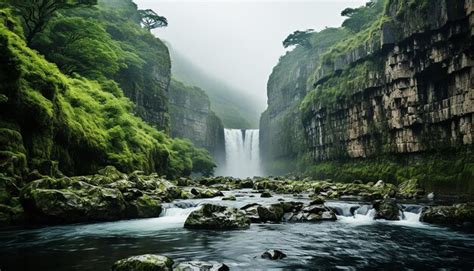 Premium AI Image | Shot of mountain waterfall partially hidden by mist