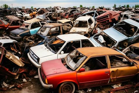 Rusting old junk cars with environment pollution in junkyard for ...