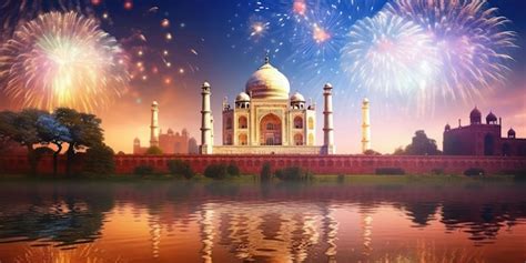 Premium AI Image | Taj Mahal at Night with Fireworks Background India ...