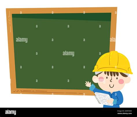Illustration of a Kid Boy Wearing Yellow Hard Hat and Showing a Blank Blackboard Stock Photo - Alamy