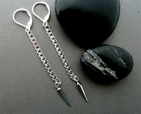 Men Dangle Earring Silver Chain Cone Earring Dangle Chain Men Earring Single Earring Hollow Cone ...