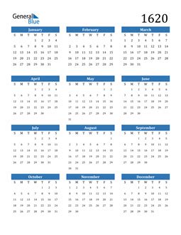 1620 Calendar (PDF, Word, Excel)