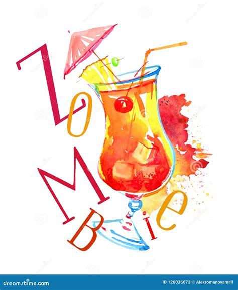 Glass of Zombie Cocktail and Title. Watercolor Hand Drawn Expressive Illustration Stock ...