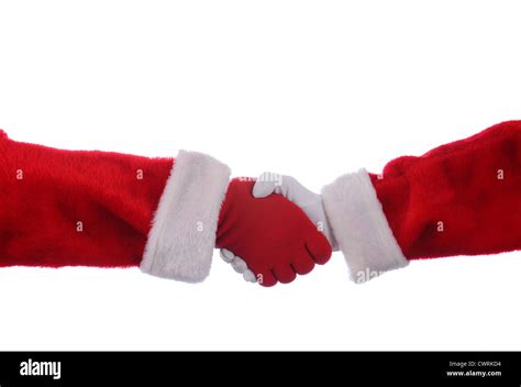 Two Santa Claus' shaking hands over a white background. One Hand is in a red glove the other is ...