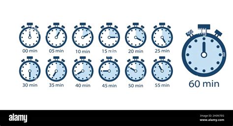 Cooking time, set of time counter icons from 5 minutes to 1 hour ...