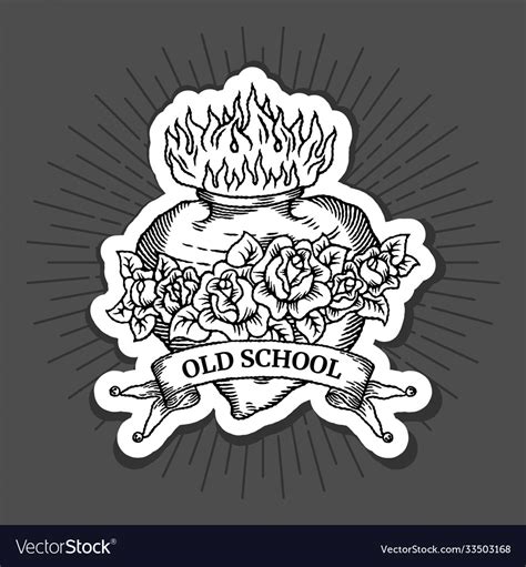 Old school tattoo logo set with heart roses fire Vector Image