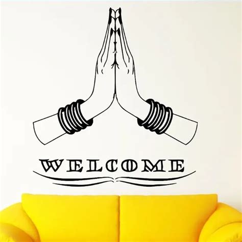 Welcome Home Wall Sticker Indian Hinduism Style Wall Art Mural Hindu Hands Vinyl Wall Decals ...