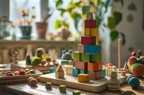 Premium AI Image | Colorful Wooden Blocks in a Sunny Playroom