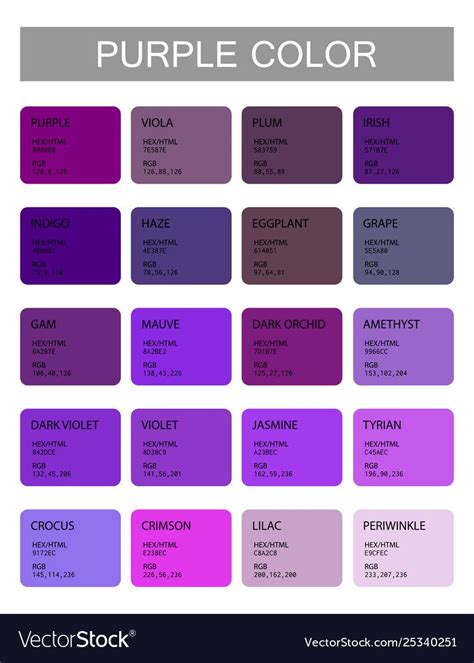 Purple. Color codes and names. Selection of colors for design, interior ...