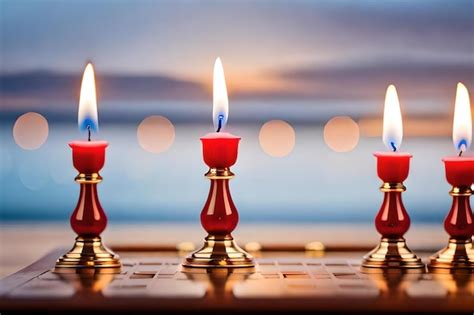 Premium AI Image | Candles on a chess board with the sun setting behind them