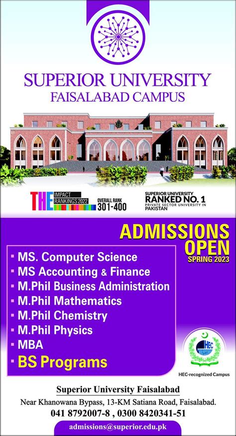 Superior University Faisalabad Campus BS and MS Programs Admission ...