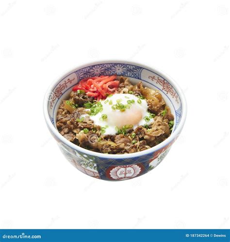 Gyudon Beef Bowl with Onsen Egg and Beni Shoga, Isolated on White Background with Clipping Path ...