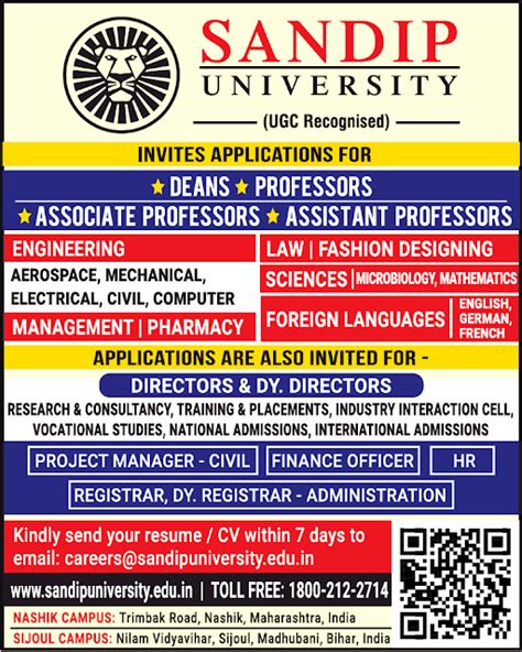 Sandip University, Nashik Campus and Sijoul Campus wanted Dean and Teaching and Non-Teaching ...