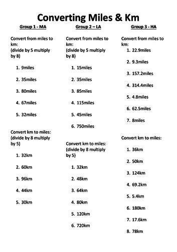 convert miles to km and km to miles | Teaching Resources