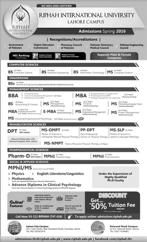 Riphah International University Lahore campus admissions spring 2016 – Riphah Information Portal