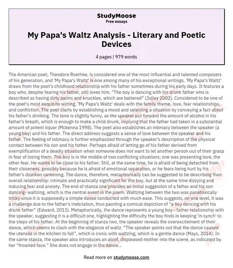 My Papa's Waltz Analysis - Literary and Poetic Devices Free Essay Example