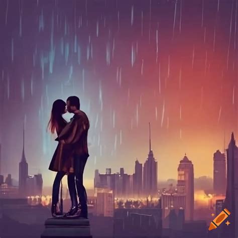 Silhouette of a couple embracing in the rain with city skyline on Craiyon