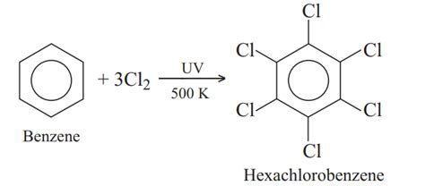 Hexachlorobenzene is obtained by addition of X moles of Cl 2 with C 6 H 6 in the presence of UV ...