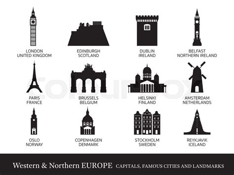 Western and Northern Europe Cities Landmarks Silhouette | Stock vector ...