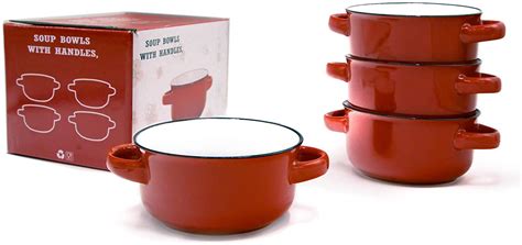 Baking Serving Ceramic Red 16 Oz Soup Bowls with Handles - Set of Four - Stoneware Chowder ...