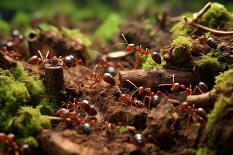 Premium AI Image | a group of red ants are on the forest floor.