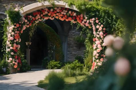 Premium AI Image | Arch with roses and greenery in the garden