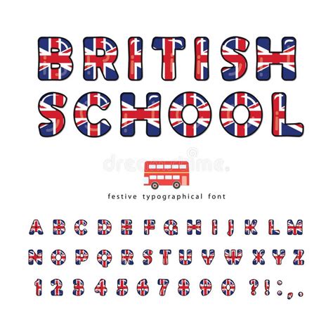 British School Font. Great Britain UK National Flag Colors. Bright English Alphabet for Language ...