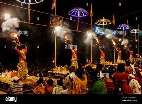 India, Uttar Pradesh, Varanasi, Ganga Aarti ceremony at Dashashwamedh ...