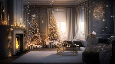 Premium AI Image | A living room with a christmas tree and a sofa with a fireplace and a fireplace.