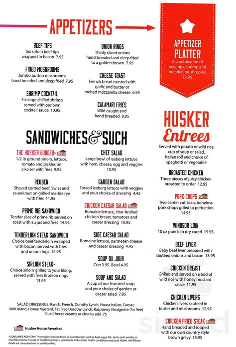 Husker Steak House menu in Columbus, Nebraska, USA