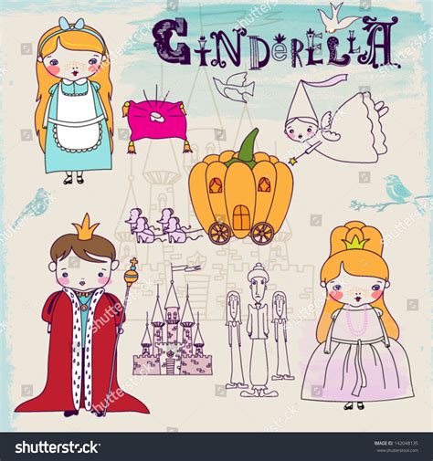 Cinderella Fairytale Characters Symbols Hand Drawn Stock Vector ...