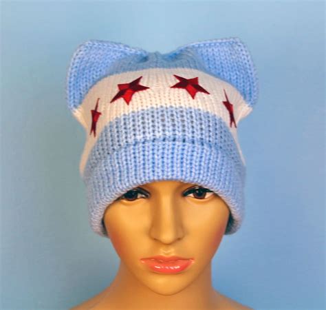 Chicago Flag Pussy Hat! Red Stars and Baby Blue and White Striped Kitten Ear Accessory Political ...