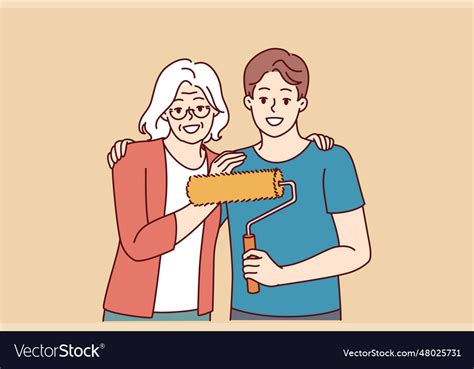 Grandmother hugging grandson doing repairs Vector Image