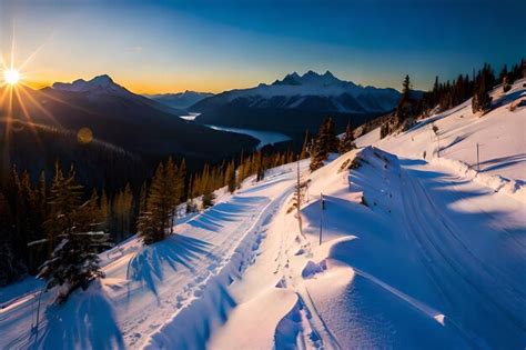 Premium AI Image | a view of the mountains from the top of a snowy mountain.