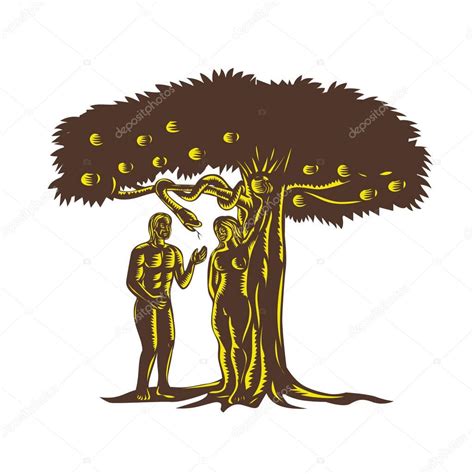 Adam and Eve Apple Serpent Woodcut — Stock Vector © patrimonio #173718858