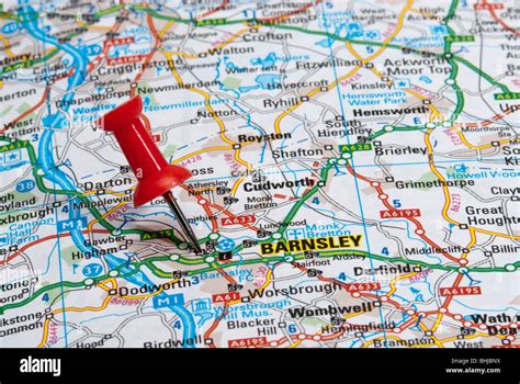 red map pin in road map pointing to city of Barnsley Stock Photo ...