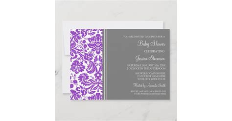 Purple Grey Damask Custom Baby Shower Invitations | Zazzle