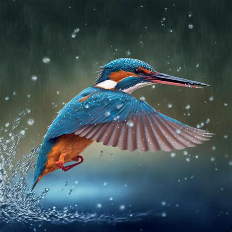 Common European Kingfisher river kingfisher flying after emerging from water with caught fish ...