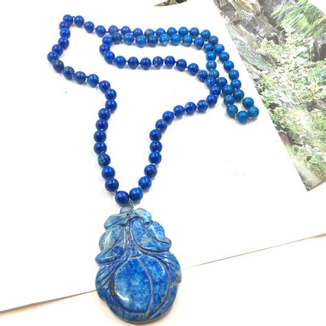 Vtg Carved Genuine Lapis Lazuli Pendant Beaded Stone Necklace. - Etsy UK