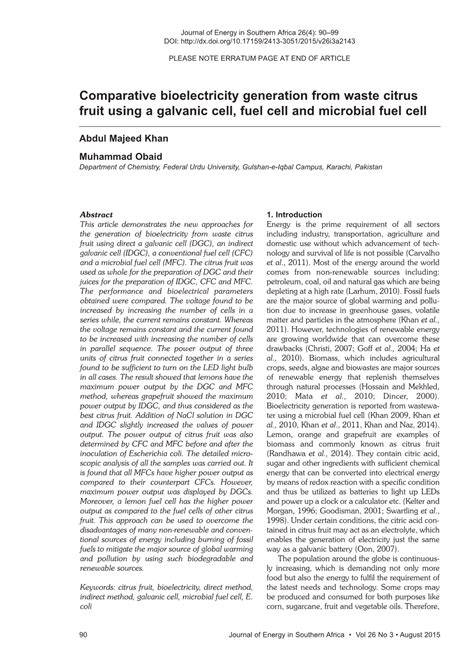 Comparative Bioelectricity Generation from Waste Citrus Fruit Using a Galvanic Cell, Fuel Cell ...