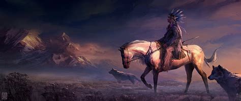 2K free download | Native American, lup, wolf, man, horse, art, luminos ...