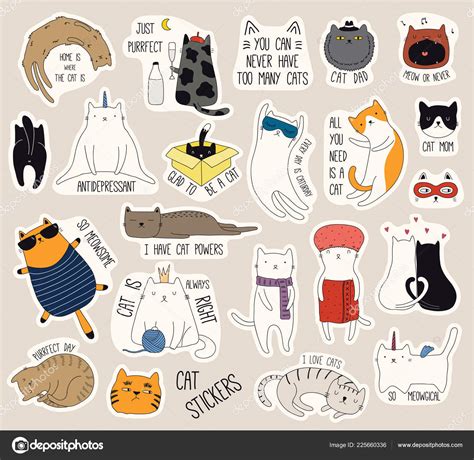 Set Cute Funny Stickers Color Doodles Cats Quotes Hand Drawn Stock Vector Image by ©Maria ...