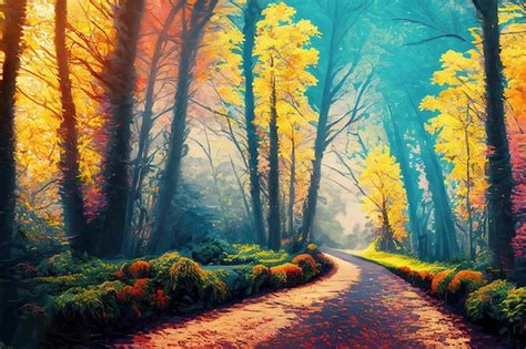 Premium AI Image | A painting of a road in a forest with autumn leaves.